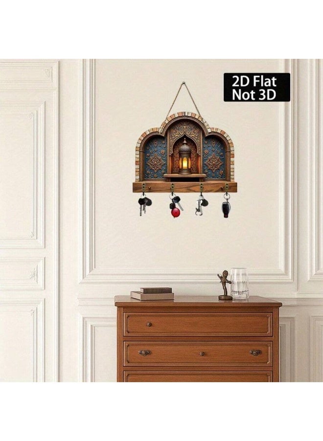 Decorative Wall Key Holder with Hooks – Islamic Arch Design Wall Decor – Vintage Wooden Key Rack with 4 Antique Copper Hooks – Entryway Organizer (2D Flat) - Image 4